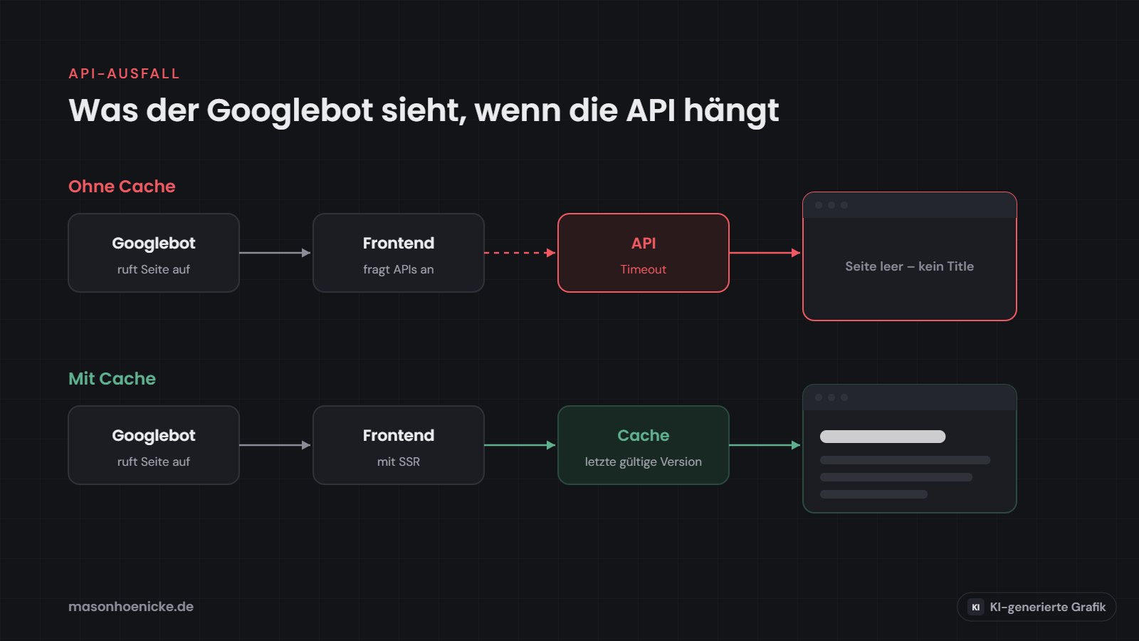 Vergleich: Ohne Cache sieht der Googlebot bei einem API-Timeout eine leere Seite, mit Cache die letzte gültige Version (KI-generierte Grafik)