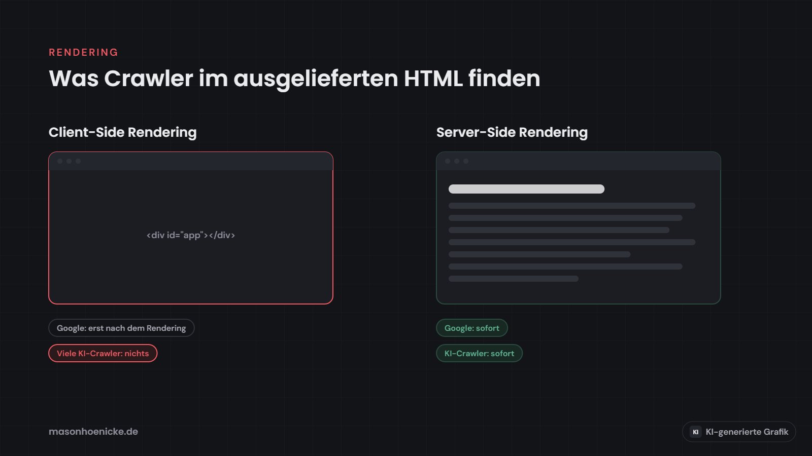 Vergleich: Beim Client-Side Rendering enthält das HTML nur einen leeren Container, beim Server-Side Rendering den vollständigen Inhalt (KI-generierte Grafik)