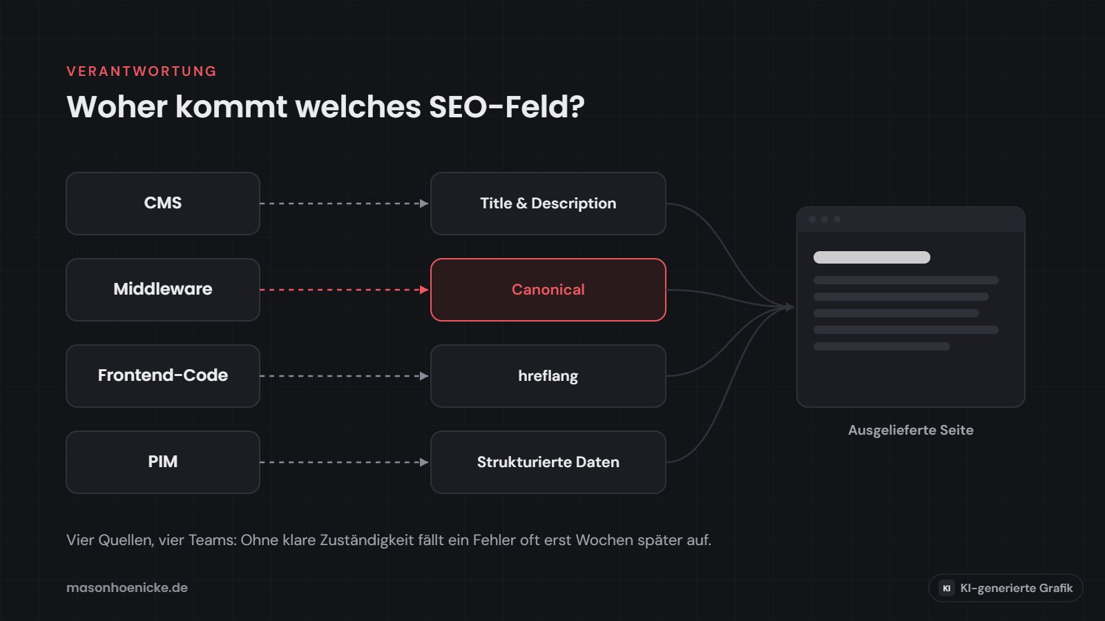 Schema: Title aus dem CMS, Canonical aus der Middleware, hreflang aus dem Frontend-Code und strukturierte Daten aus dem PIM fließen in die ausgelieferte Seite (KI-generierte Grafik)